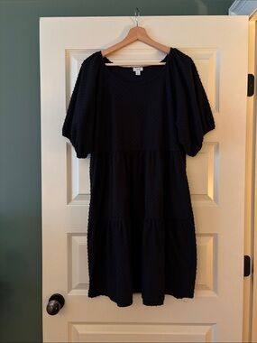 J. Crew Black Textured Tiered Midi Dress with Puff Sleeves